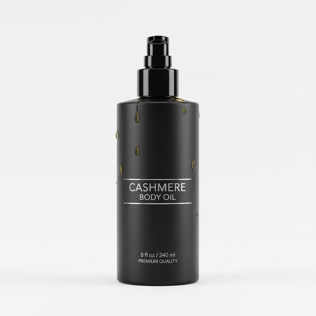 8 oz cashmere body oil in black pump bottle