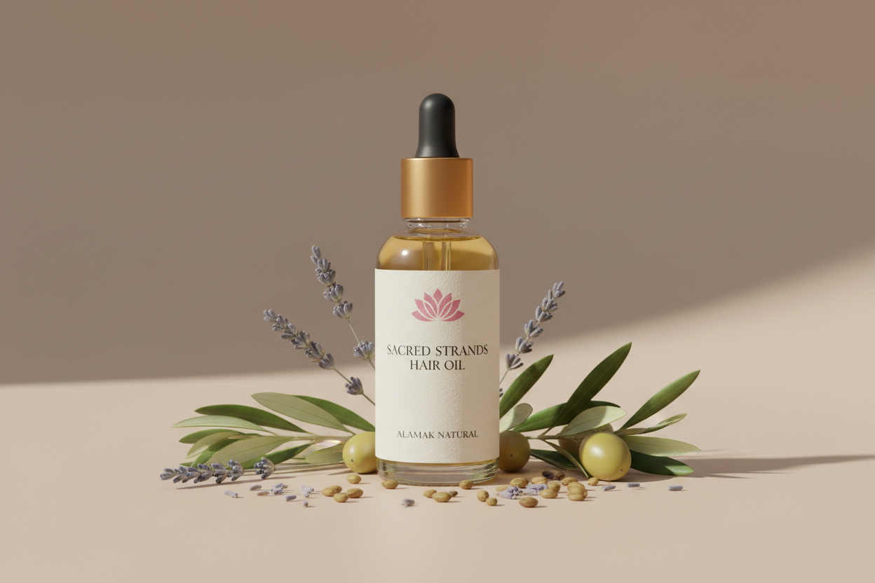 A luxury skincare-style product photo of a 2 oz glass hair oil bottle labeled “Sacred Strands Hair Oil” by Alamak Natural. The bottle has a clean, minimalist label with a pink lotus logo. Set on a neutral beige or cream background with soft natural lighting. Surround the bottle with subtle botanical elements like dried herbs, olive branches, and jojoba seeds. Elegant, gender-neutral, high-end aesthetic. No people. Studio quality.